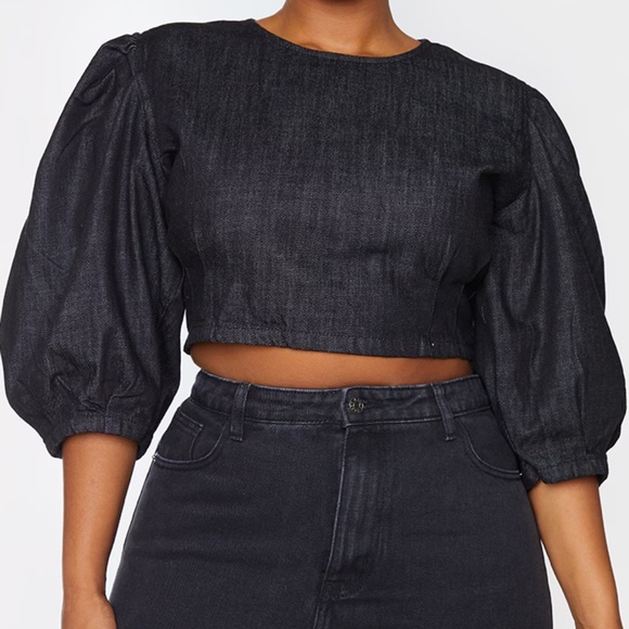 Pretty Little Things Plus Black Denim Puff Sleeve Seam Detail Crop Top 5X/30 - Picture 1 of 2